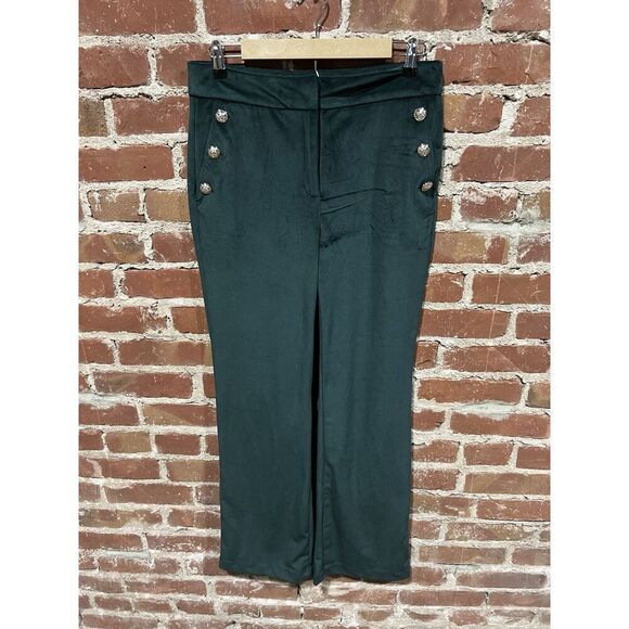 Anthropologie Maison d Amelie Womens Pants 6 Leg Green Velvet Gold Button - Picture 1 of 3